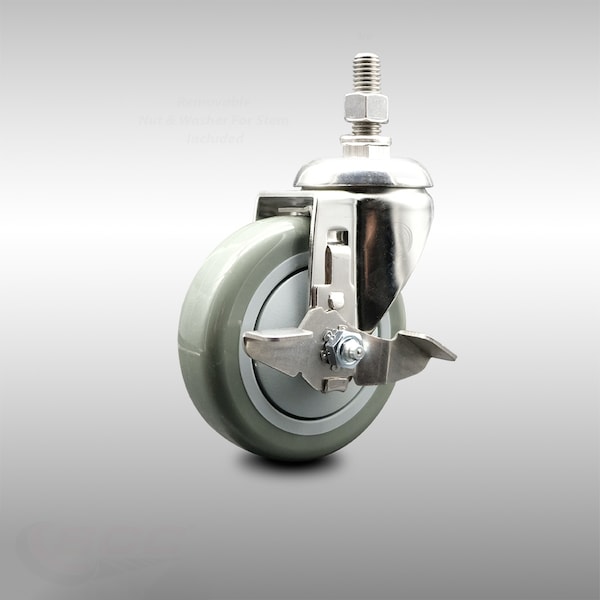 Service Caster 4 Inch 316SS Gray Polyurethane Swivel 3/8 Inch Threaded Stem Caster with Brake SCC-SS316TS20S414-PPUB-TLB-381615 - main